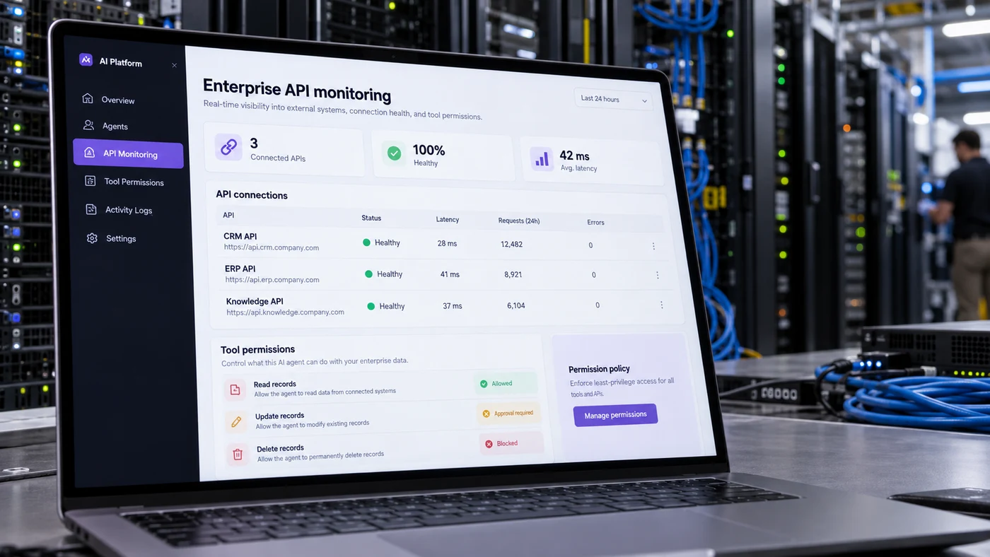 Enterprise server infrastructure with an operational console monitoring AI system connections