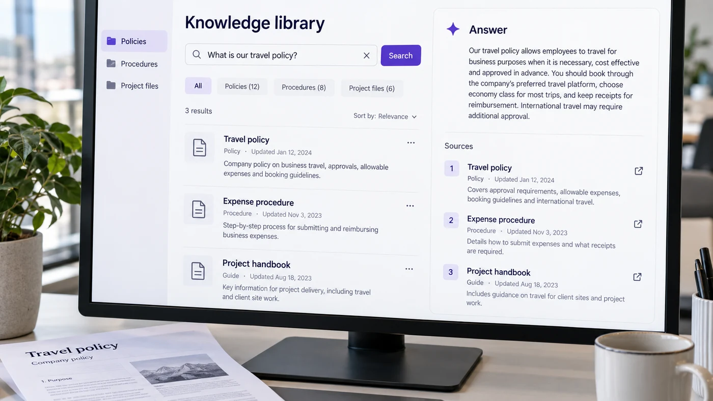 Enterprise knowledge workspace with policy documents, project files, and source-cited answers